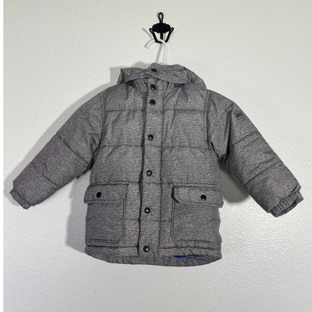 Baby Gap Toddler 4 Years Gray Hooded Puffer Jacket Button & Zip Removable Hoodie